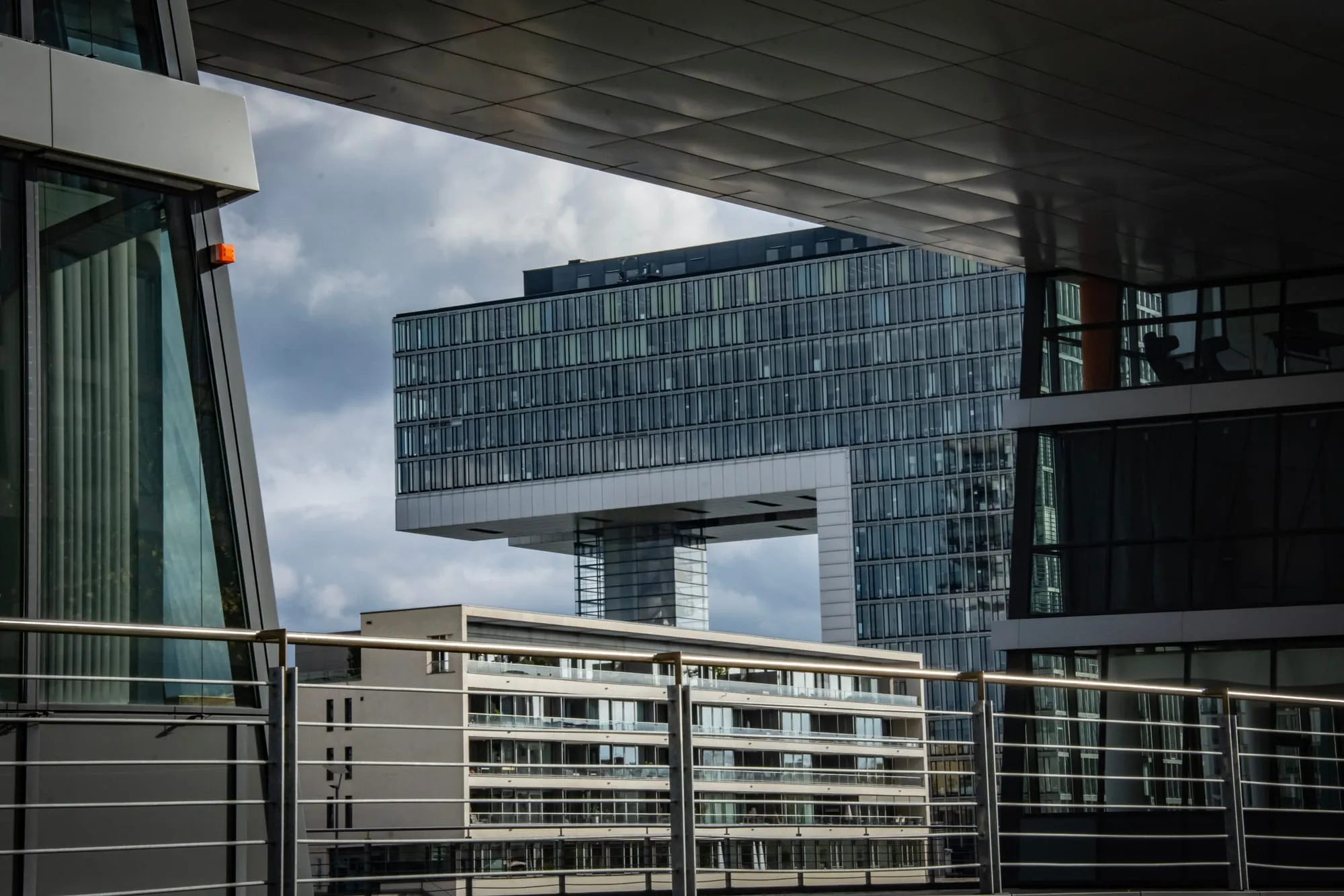 Modern building with cantilevered glass volumes