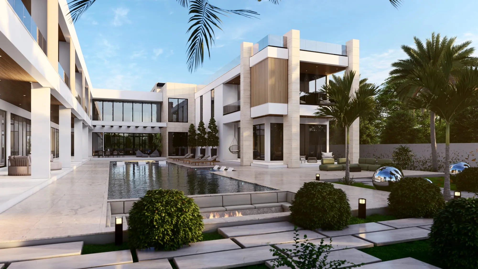 White contemporary villa with palms and a pool